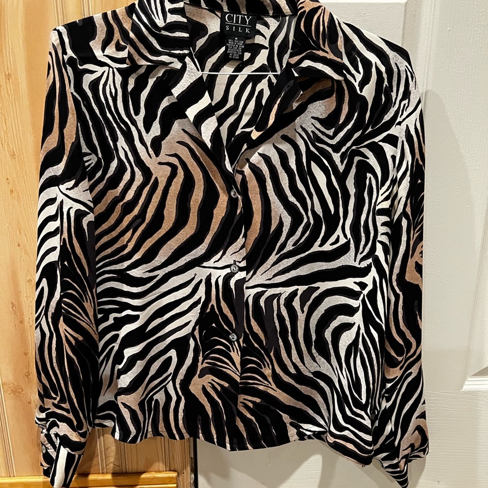 City Silk Zebra Print Blouse - Black, White, and Tan